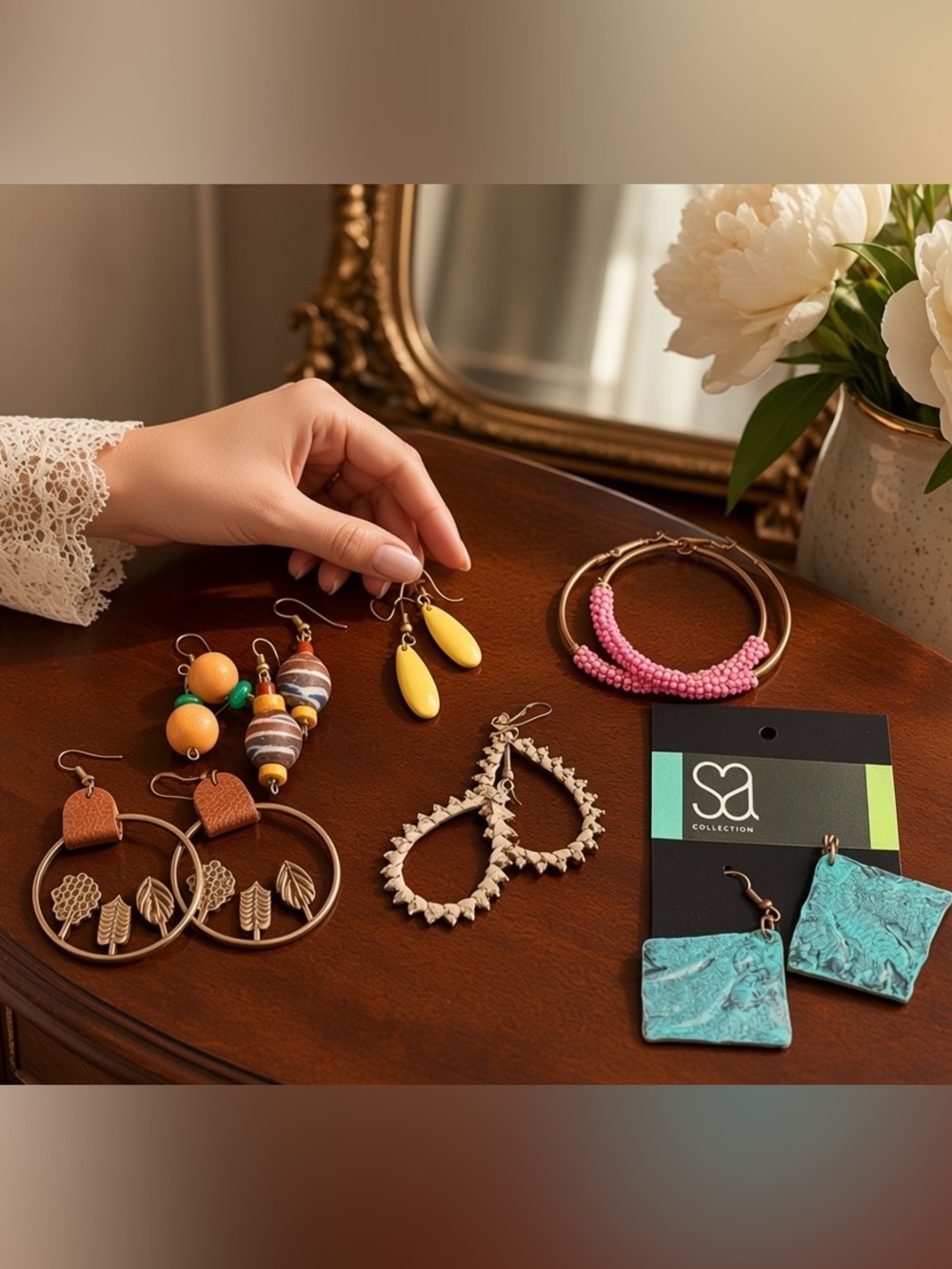 7pc Earring Set - boho leather & beaded hoops and teadrops, turquoise patina